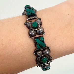 Vintage Sterling Silver Mexico Green Agate Chunky 7” Bracelet Southwest Floral